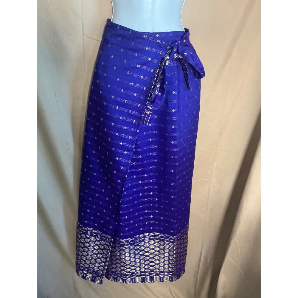 Thai Silk By One Time Wrap Skirt Women One Size Blue Excellent Gold Brocade Maxi